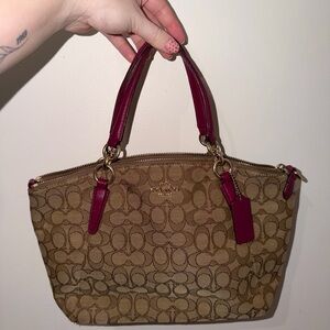Coach Tan and Burgundy Signature Shoulder Bag